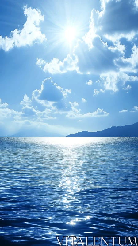 Blazing midday sun crowns a tranquil blue ocean horizon