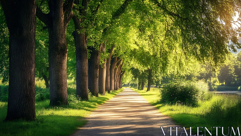 Tree-lined dirt pathway under directional warm morning sunlight