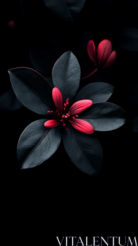 Crimson Petals Bloom Against Obsidian Foliage in Dramatic Chiaroscuro.
