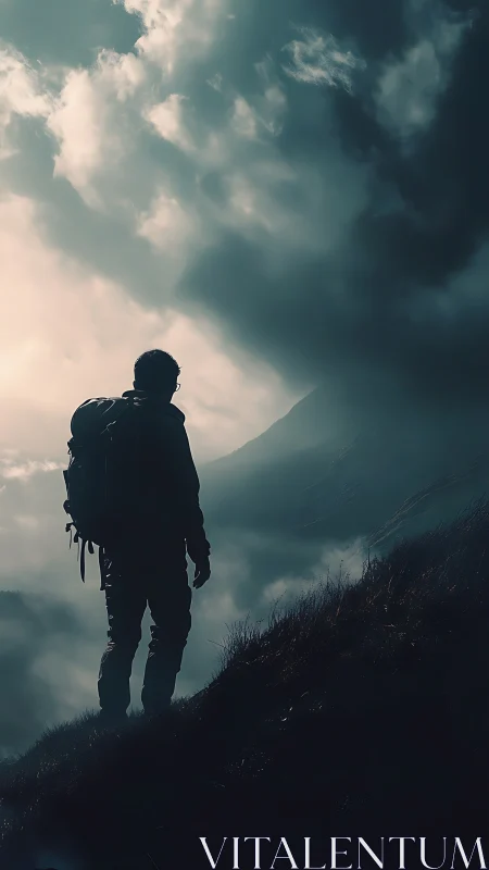 Lone hiker silhouette under storm-lit mountain sky.
