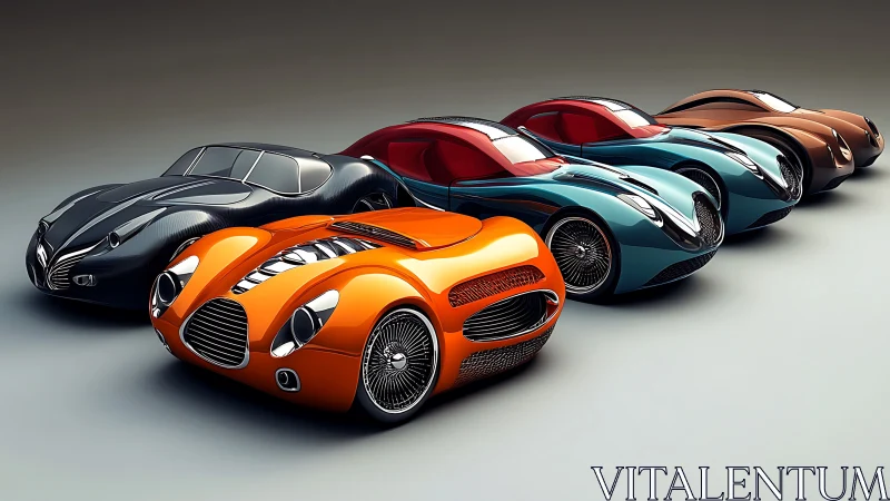 Row of stylized retro-futuristic sports coupes in studio.