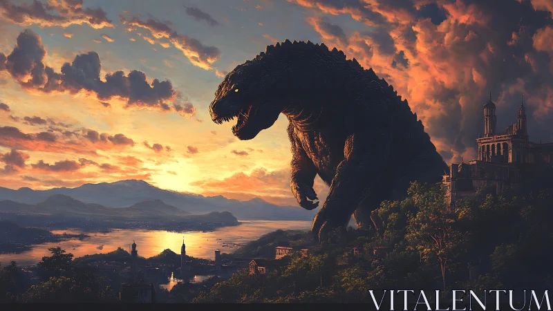 Colossal kaiju overlooking lakeside city at blazing sunset.