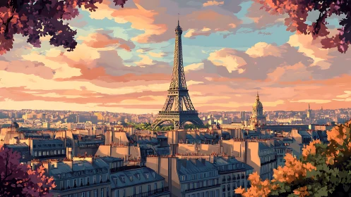 Eiffel Tower stands above Paris rooftops at colorful sunset