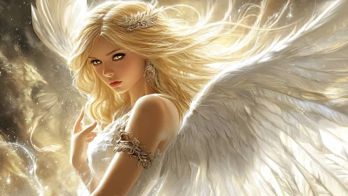 Golden haired angel with radiant wings in luminous aura