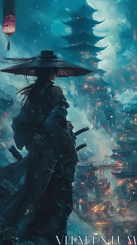 Samurai silhouette overlooking dense neon pagoda district.
