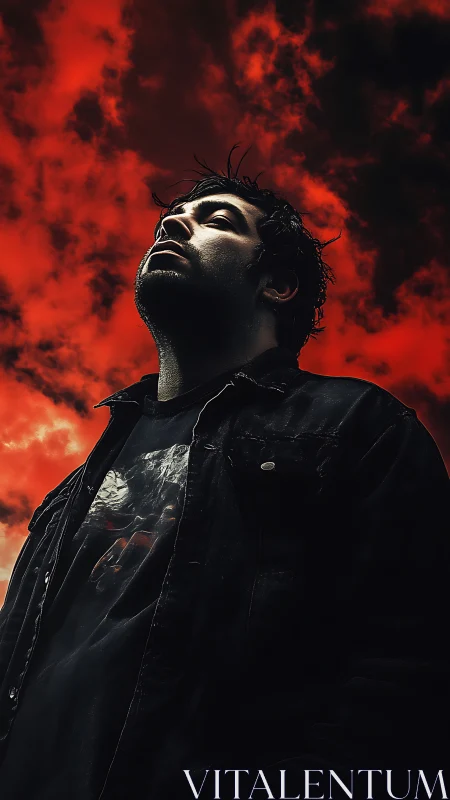 Low-angle moody portrait under dramatic red storm sky.