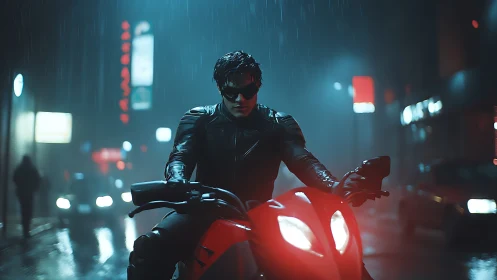 Night rider on neon-lit city street under pouring rain.