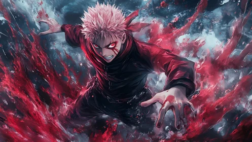 Intense anime fighter lunging through swirling red energy.