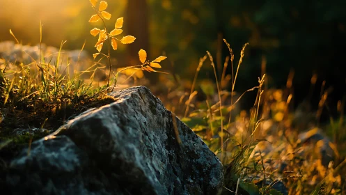 Golden Hour Forest Closeup with Sunlit Plants and Rocks.
