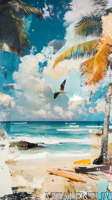 Tropical beach collage with palm trees, surfboard, and bird.