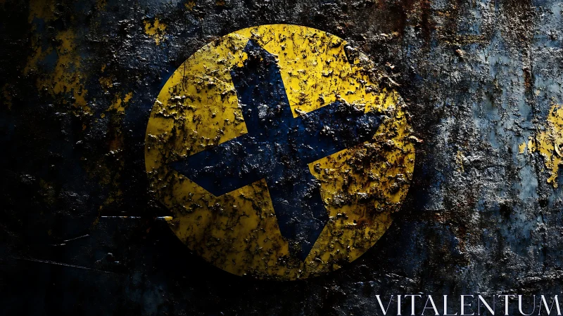 Peeling yellow cross emblem on corroded steel wall surface.