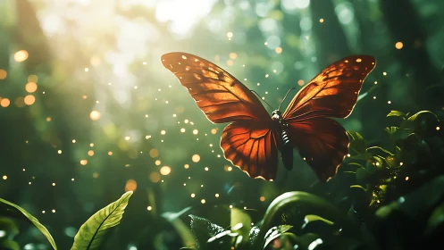 Firelit forest butterfly drifting through emerald hush.