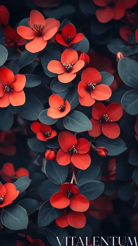 Red flowers blooming with dark foliage backdrop.