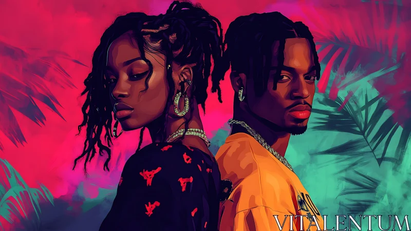 Neon tropical duet standing back to back in painted heat.