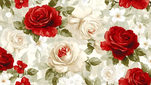 Red and Cream Roses with White Flowers on Pale Background