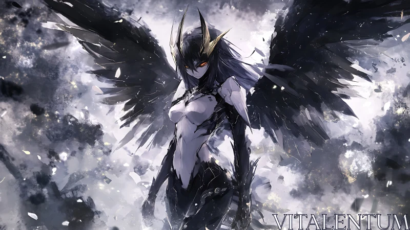 Dark winged cyber seraph in fractured monochrome stormscape.