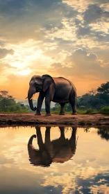 Elephant silhouette and mirrored reflection at atmospheric sunset.