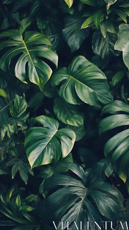Dense monstera foliage with layered glossy leaves in soft light