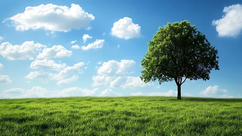Lone green tree on grassy hill under blue sky with fluffy clouds.