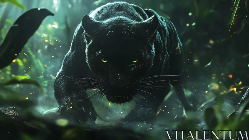 Black Panther with Luminescent Eyes in Jungle Environment