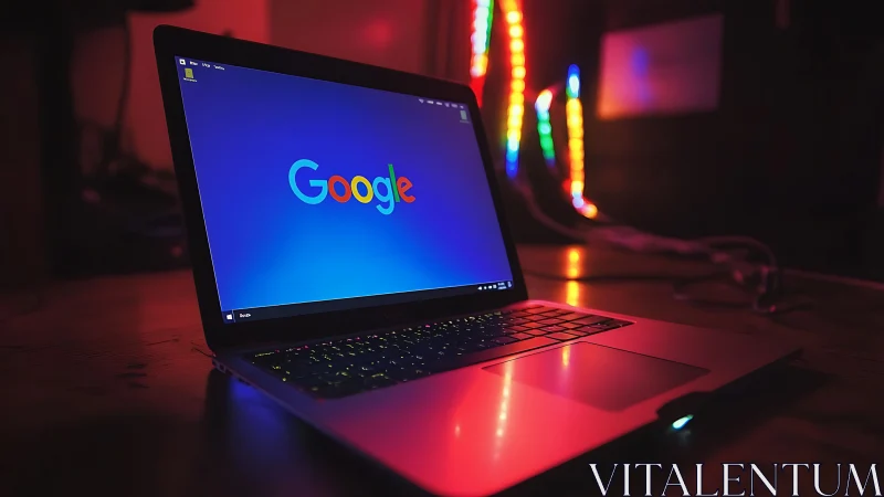 RGB-lit laptop workstation displaying Google homepage interface.