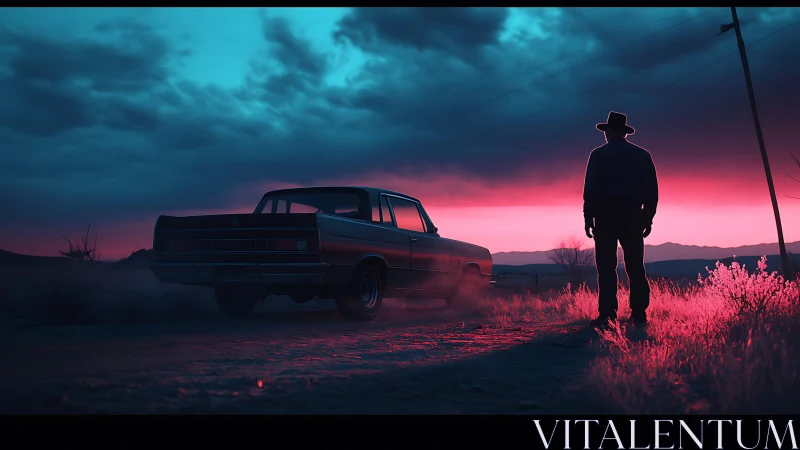 Silhouetted man and car in neon sunset desert scene.