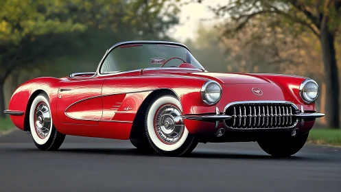 Red vintage convertible is parked on a paved roadway
