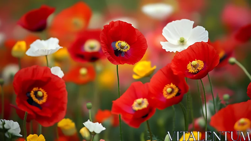 Red and White Poppies in Full Bloom.