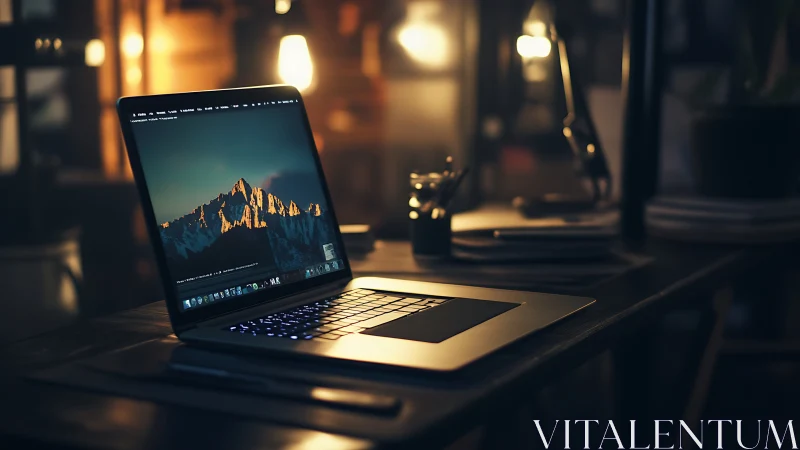 Sleek laptop glows on cozy wooden desk at night.