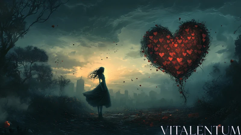 Figure observing large heart-shaped structure in atmospheric landscape