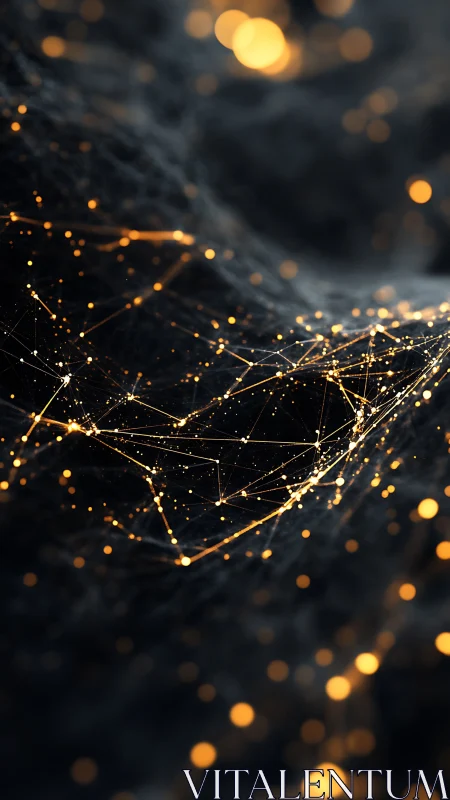 Golden particle network spans dark abstract digital surface