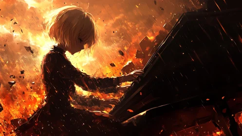Side view shows pianist silhouette against dense fiery backdrop