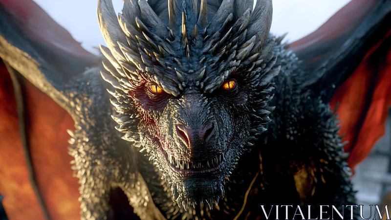 Ember-eyed dragon king leaning into the frame, daring mortals.