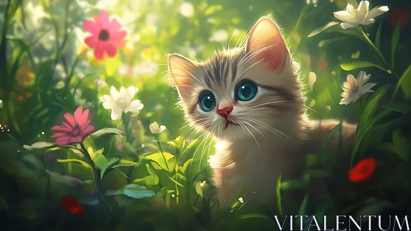 Illuminated Felid Portrait: Luminous Kitten Subject with Radiant Backlighting in Floral Environment