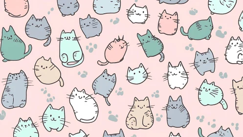 Cute cats pattern with playful tabby, blue, and mint colored felines