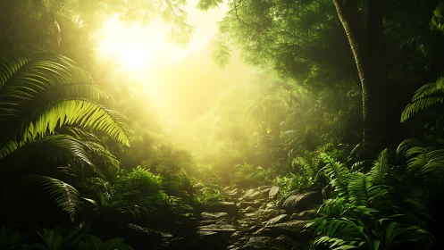 Sunlit Forest Path Through Tropical Dense Vegetation