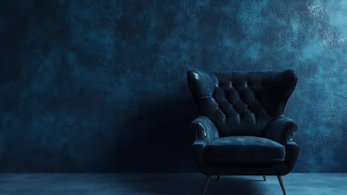 Midnight leather armchair in dramatic minimalist interior.
