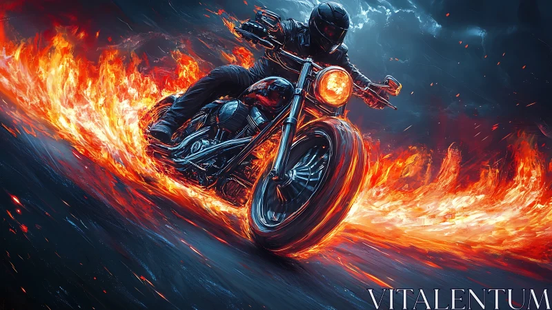 Blazing motorcycle rider cuts through night in roaring flames