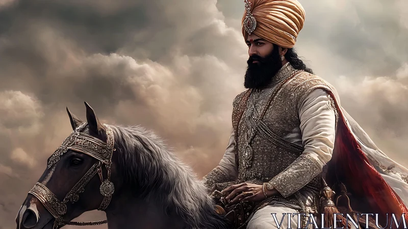 Regal mounted warrior in jeweled armor beneath stormlit sky