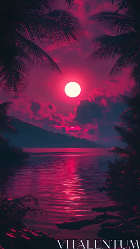 Neon-tinted tropical lagoon under high-contrast synthetic moon