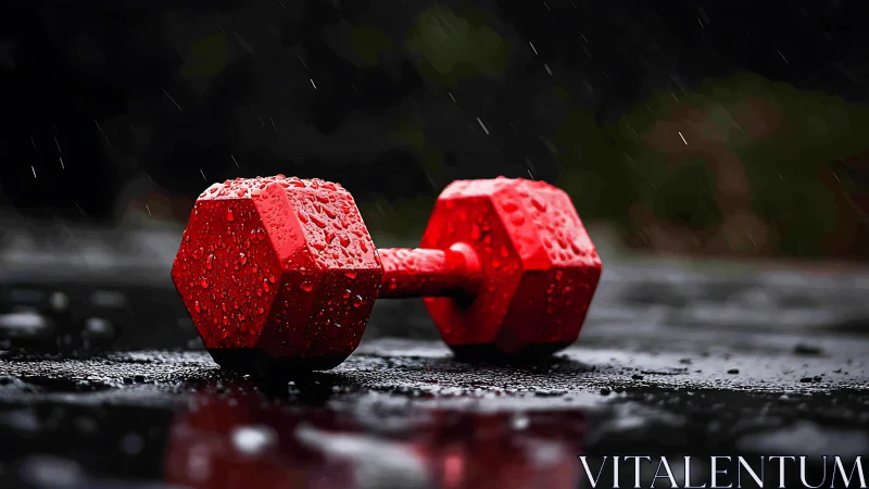 Red hex dumbbell rests on wet asphalt with pronounced raindrops