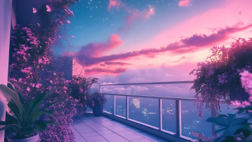 Skyline balcony garden drifts into a cotton candy twilight