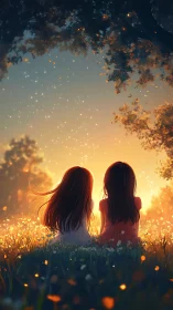 Two girls seated in meadow under glowing twilight sky.