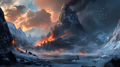 Burning mountain fortress ignites frozen valley battleground
