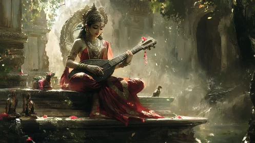 Divine musician in temple garden with veena and soft light.