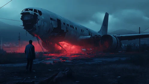 Man confronts glowing red wrecked airplane in dark landscape
