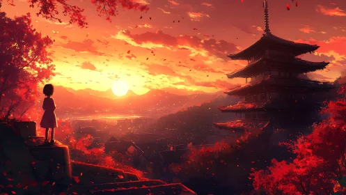 Child watches blazing sunset over tranquil pagoda valley