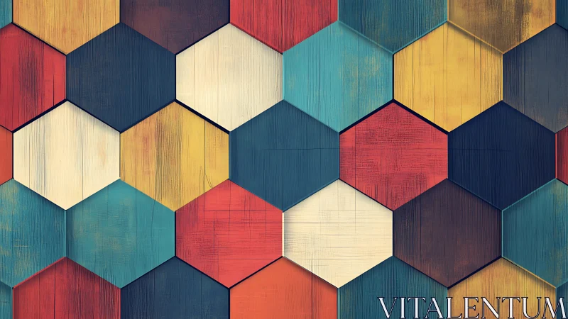 Hexagonal wooden tiles form staggered multicolor geometric lattice