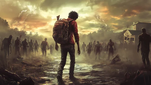 Lone survivor advances through fog toward encircling zombies