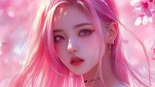 Dreamy pink haired girl beneath soft cherry blossoms.